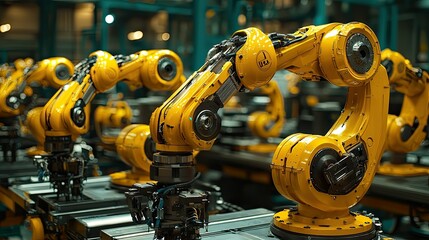Obraz premium Yellow Industrial Robots in a Modern Factory Setting
