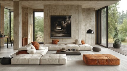 Modern living room with minimalist design, cozy seating, and large windows overlooking nature