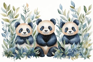 Fototapeta premium Three cute pandas surrounded by greenery in a watercolor style.