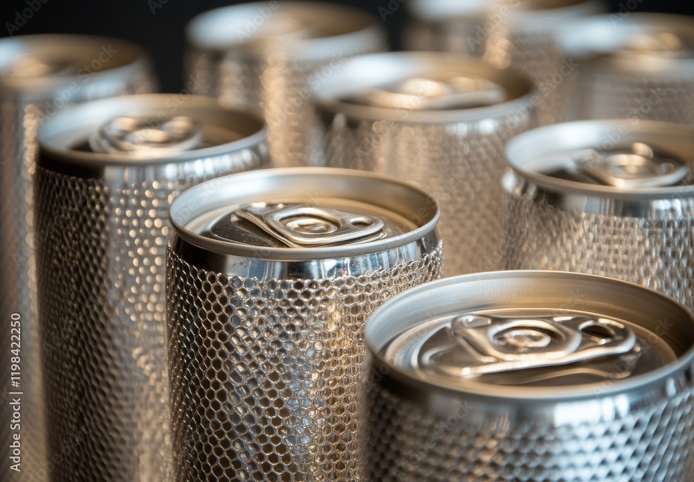 Poster close-up view of metallic beverage cans displayed in a unique arrangement with reflections and textu
