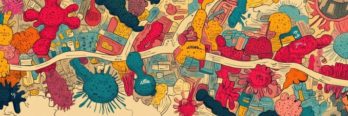 Naklejka premium Creative depiction of bacteria colonies represented as vibrant city landscapes filled with color and imagination. Generative AI