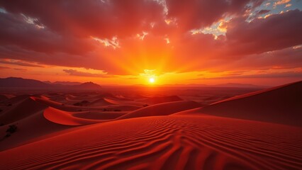 Naklejka premium Golden horizon kisses the desert sands as the vibrant sun dips into an orange embrace, casting warm hues over timeless dunes