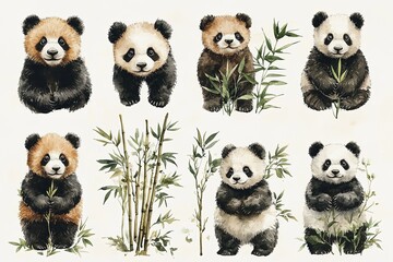 Cute illustrations of pandas in various poses with bamboo.