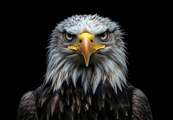 Obraz premium Bald eagle, with a white head and dark brown body, yellow beak, close-up portrait, professional photography, sharp focus