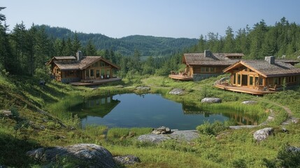 Fototapeta premium Scenic view of rustic cabins by a tranquil pond surrounded by lush greenery in a mountainous area