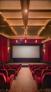An empty cinema auditorium with red velvet seats, dim golden lights casting soft shadows, a large silver screen at the front, and a vintage popcorn machine in the corner