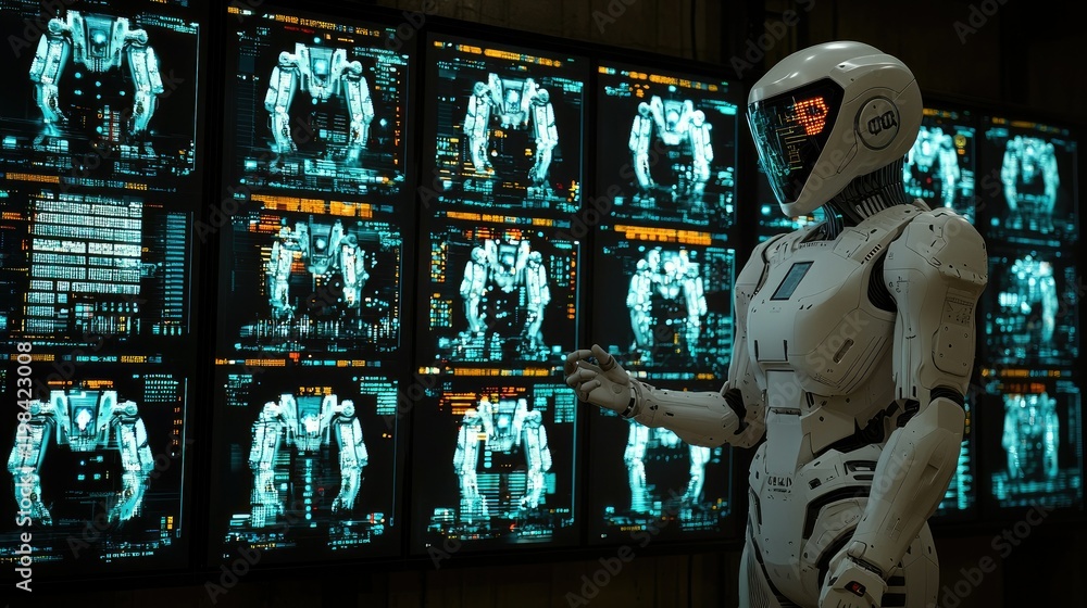 Poster advanced robot analyzing complex data screens