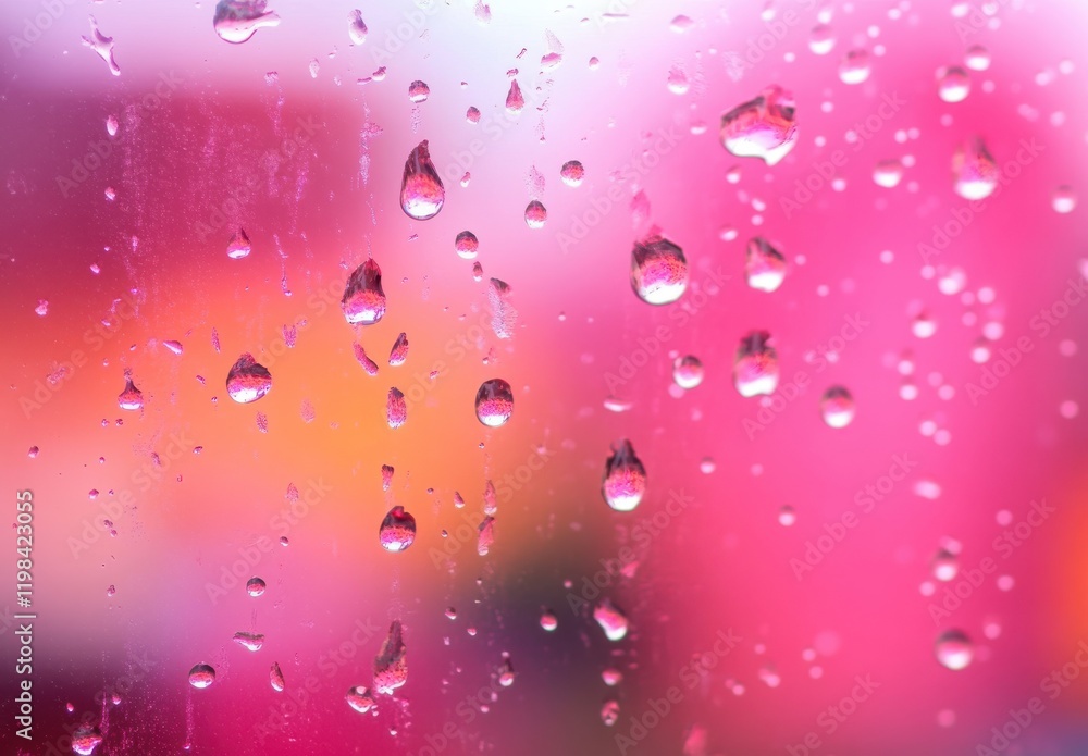 Poster delicate raindrops on a window pane reflecting a vibrant colorful background with a dreamy bokeh eff