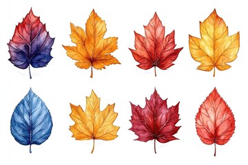 A collection of watercolor leaves in various autumn colors and shapes.