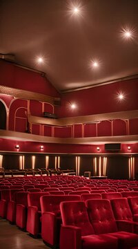 An empty cinema auditorium with red velvet seats, dim golden lights casting soft shadows, a large silver screen at the front, and a vintage popcorn machine in the corner