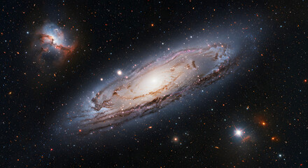 A perspective from the vastness of outer space reveals a spiral galaxy in conjunction with numerous stars. The universe is filled with an abundance of stars, nebulae, and galaxies. 