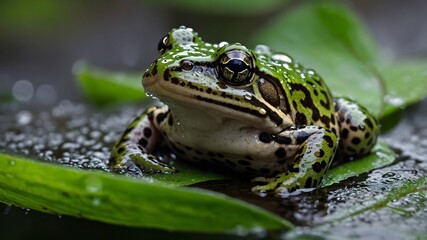 Obraz premium Nature’s Shower: Chimerical Leopard Frog Resting on Leaf Amidst Rain in Lush Forest