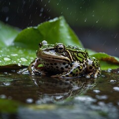 Obraz premium Rainy Day Beauty: Chimerical Leopard Frog on Leaf with Droplets in Vibrant Forest