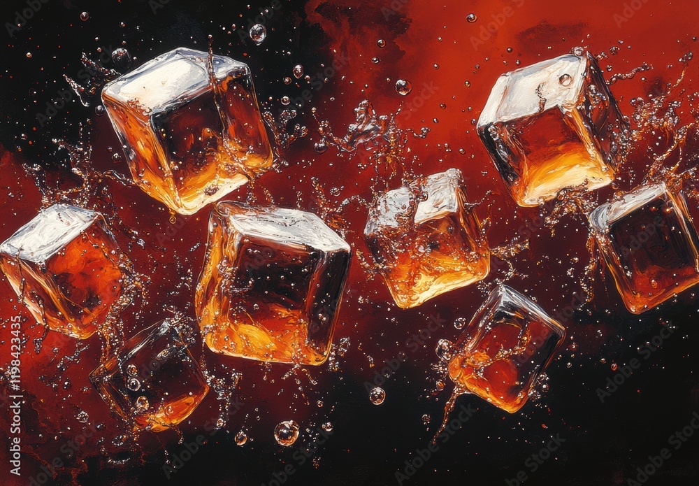 Poster dynamic splash of ice cubes in dark liquid with bubbles, unleashing a refreshing and energizing effe