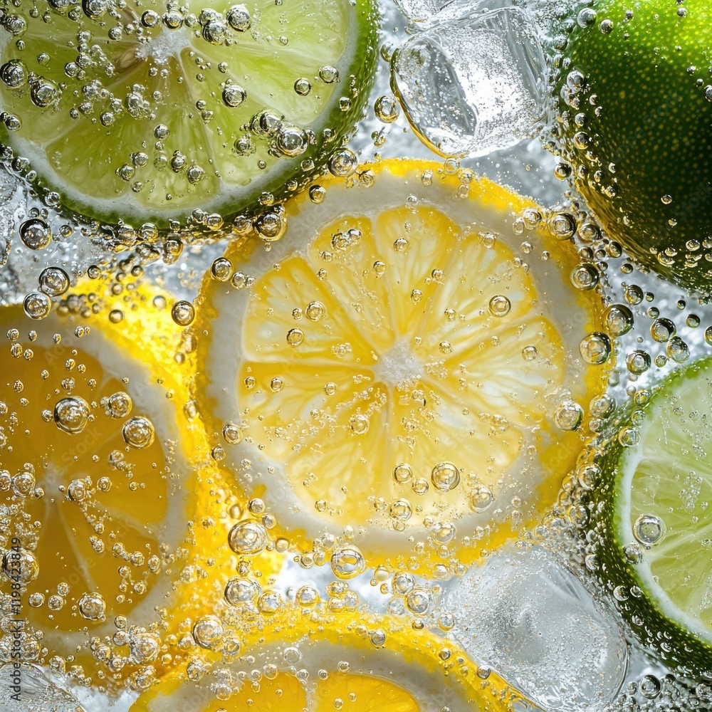 Aufkleber fresh lemon and lime slices surrounded by bubbles in sparkling water creating a refreshing beverage 