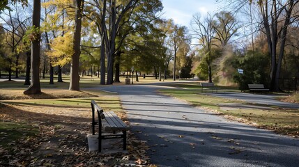 Obraz premium A tranquil park with paths lined by tall trees in full autumn color, and benches scattered under the branches.