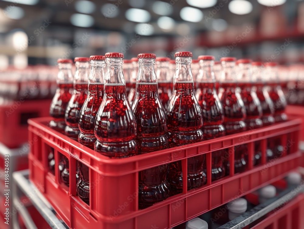 Poster freshly bottled soft drinks displayed in crates within a modern warehouse setting, highlighting spar