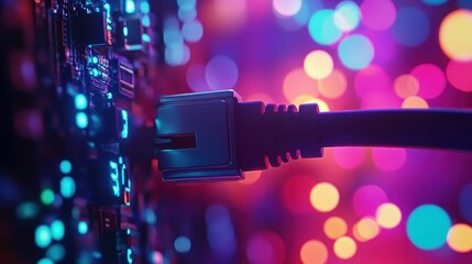 Bright Colorful Connections in Technology with Ethernet Cable and Circuit Board Background