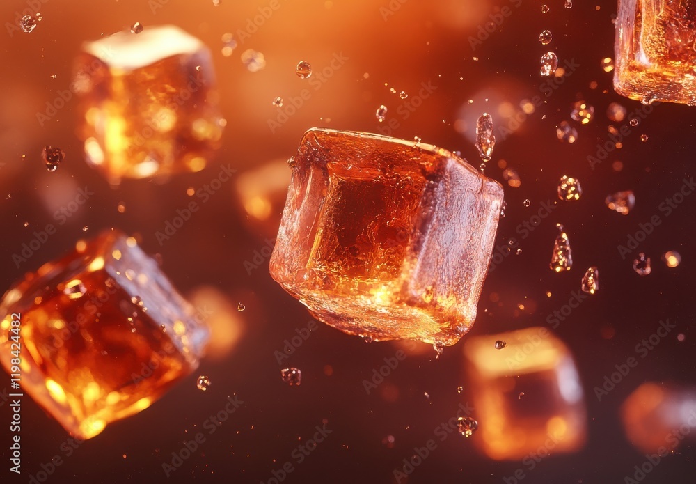 Poster ice cubes falling into brown liquid with splashing water droplets in a dynamic and captivating close
