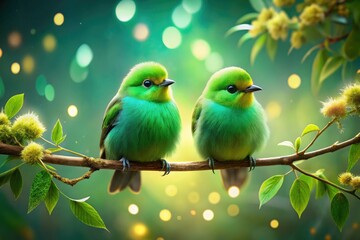 Obraz premium Dreamlike green birds perch serenely on a surreal branch, a peaceful avian tableau.