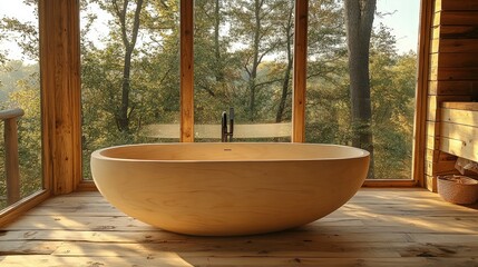 Fototapeta premium Serene wooden bathroom featuring a modern oval bathtub with forest views through large windows