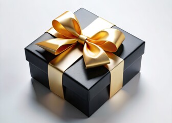 Elegant black and white luxury gift box, adorned with a golden ribbon bow, captured in smooth, stunning drone photography.