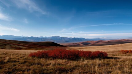 Fototapeta premium Rolling hills covered with autumn foliage, vibrant shades of red and amber against a bright blue sky and distant mountains.