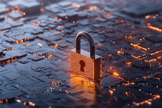A glowing padlock with binary code, symbolizing information security in the cyber driven era
