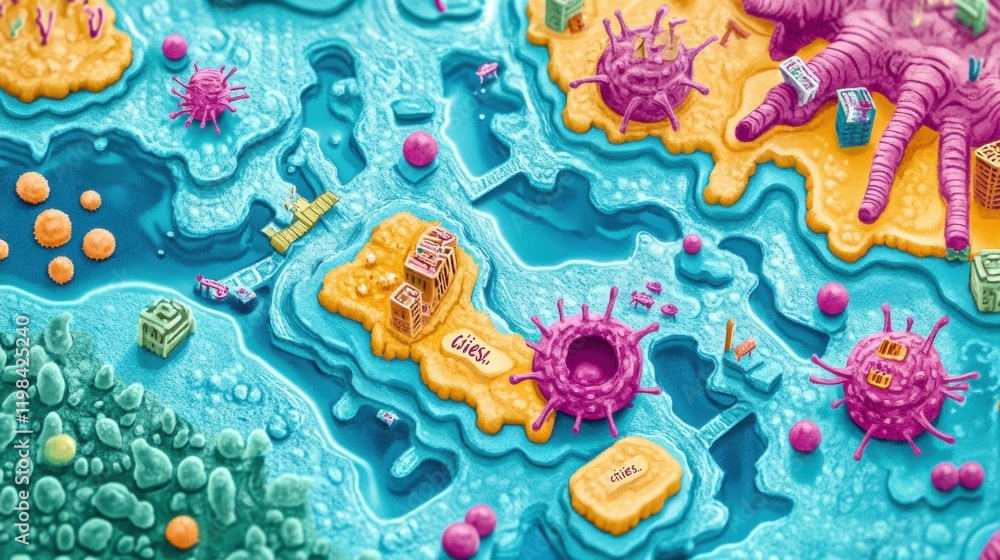 Aufkleber playful map featuring bacteria colonies depicted as colorful cities in a vibrant microbial landscape