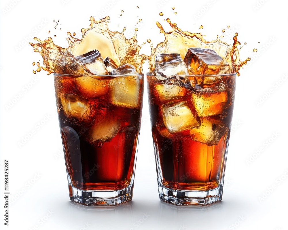 Poster refreshing bubbles and ice-cubes splashing in two glasses of soft drink against a bright white backg