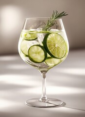 Refreshing beverage with slices of lime and cucumber in a stylish glass, garnished with rosemary, perfect for summer gatherings and celebrations