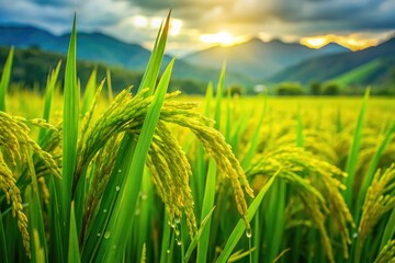 Naklejka premium Emerald Thai rice paddies: a macro lens reveals lush green details, showcasing Thailand's agricultural landscape.