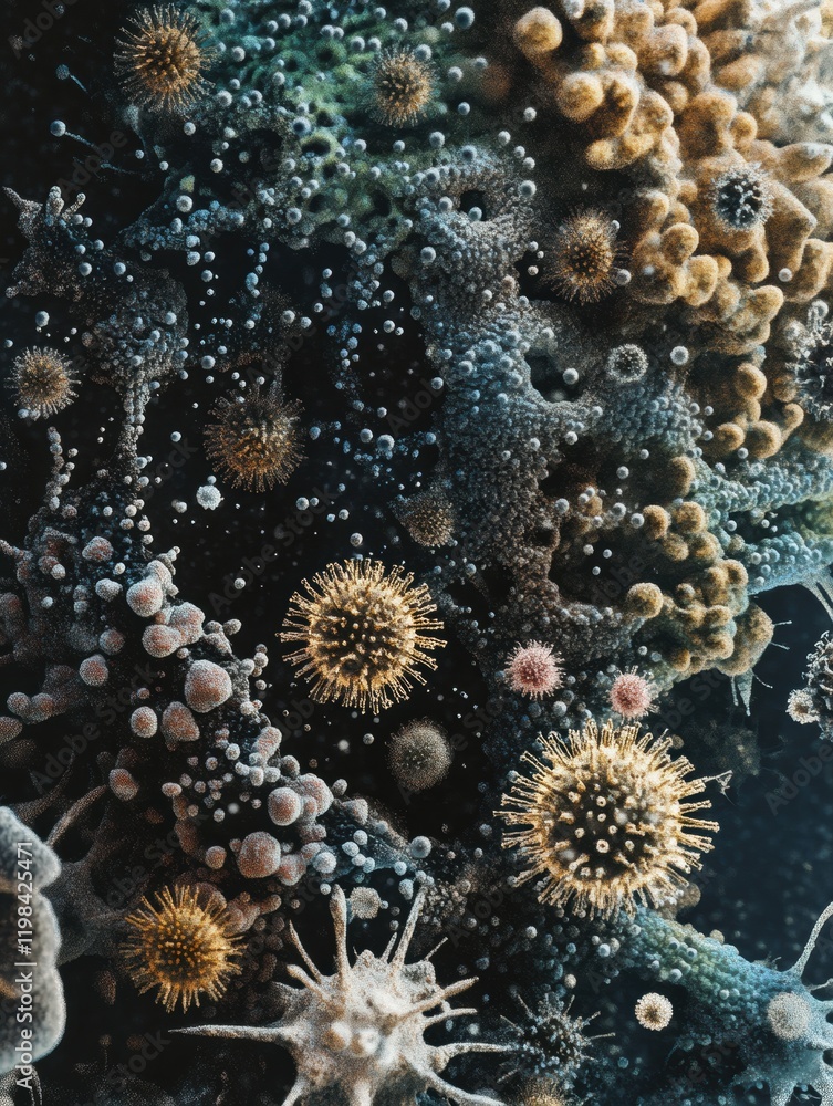 Aufkleber Dense layer of microbes in a vibrant and diverse environment revealing intricate forms and structures. Generative AI
