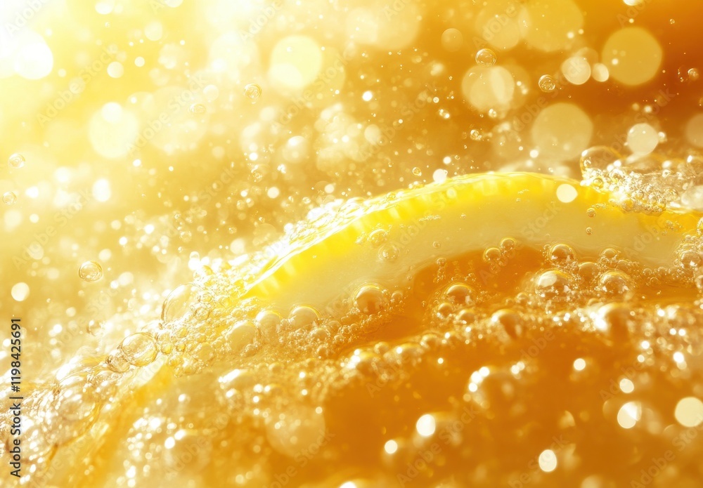 Poster refreshing citrus slice in sparkling water with a glowing background of sunlight and glimmering bubb