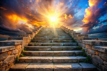 Obraz premium Ethereal staircase ascends to celestial light, a heavenly journey in fantasy photography.