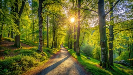 Obraz premium Explore Stockholm's lush spring forest: May hike through vibrant green trails; stunning Swedish nature photography awaits.