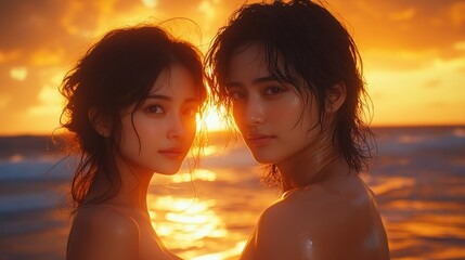 Fototapeta premium Two women standing close together at sunset on a beach, with waves gently crashing behind them