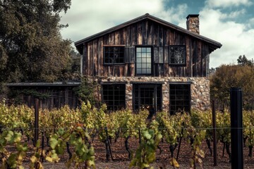 Nestled amidst a sea of vibrant grapevines, the vineyard house stands beautifully against a backdrop of a breathtakingly dramatic cloudy sky, creating a tranquil ambiance in the idyllic countryside