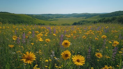 Obraz premium Vibrant wildflower meadow in spring, showcasing blooming daisies and purple flowers under a clear sky