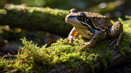 Obraz premium Nature’s Perch: Common Frog Resting on Moss-Covered Log in Sunlit Forest