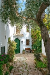 Narrow stone pathway leading to a green door in a charming Mediterranean village with blooming flowers and lush greenery