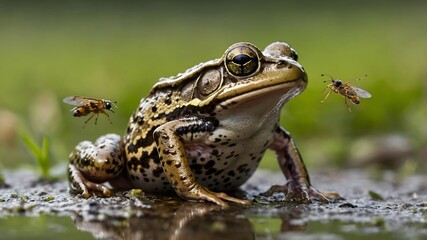 Obraz premium In the Blink of an Eye: Common Frog Catching Fly in Vibrant Field