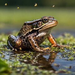 Fototapeta premium Frog in Action: Common Frog Catching a Fly in the Field