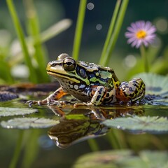 Obraz premium Sunset Serenity: Common Frog Camouflaged in Reeds with Marsh Reflection