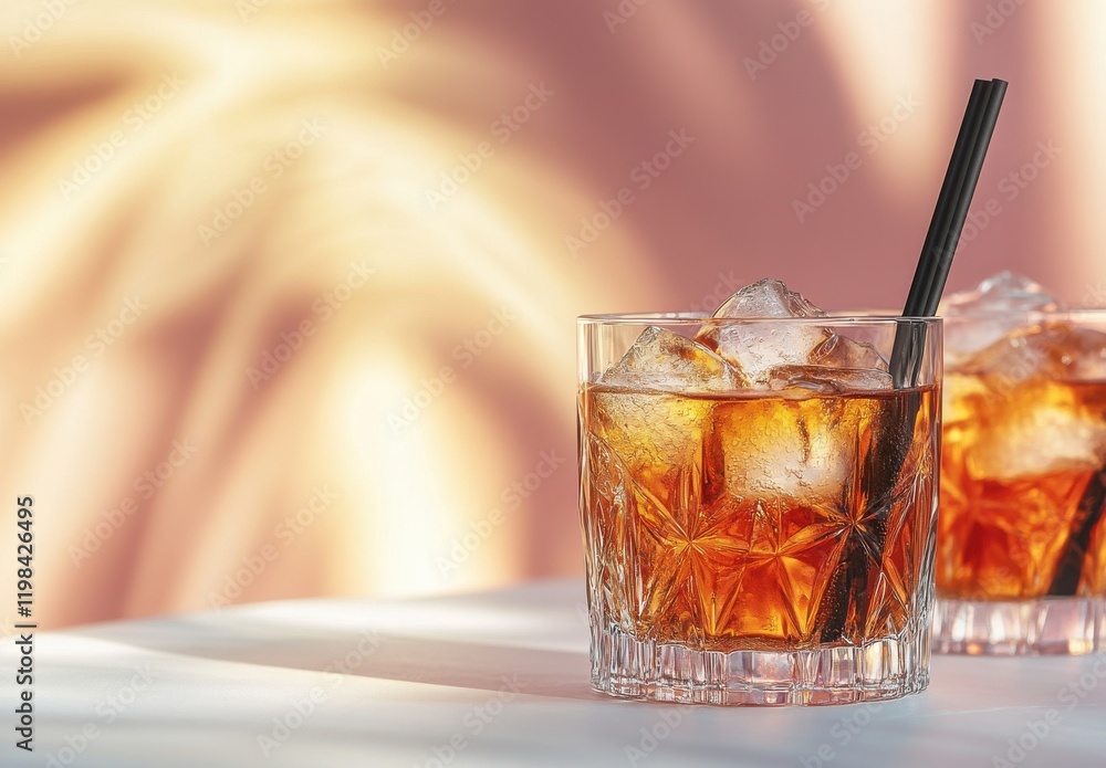 Poster refreshing glass of dark cocktail with ice cubes and straw on table with soft background light creat