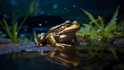 A Peaceful Night: Common Frog on Rock by Moonlit Stream with Firefly Glow