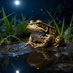Moonlit Serenity: Common Frog on Rock by Brook with Fireflies