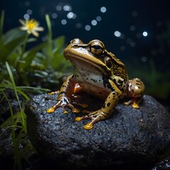 Under the Moon: Common Frog on Rock by Brook, Illuminated by Fireflies