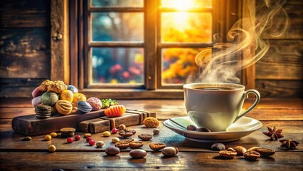 Warm autumnal beverage and colorful confectionery delights on rustic wooden surface near window with sunlight