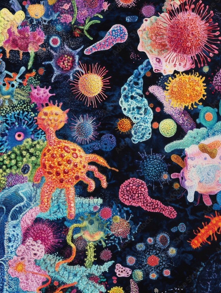 Poster vibrant array of bacteria and microbes showcasing diverse shapes and colors in a microscopic world. 